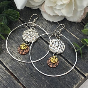 Silver Plated Hammered Hoop Earrings, Hammered Circle Links, Silver, Copper, Gold Color Links, Handmade Hoop Earrings, Boho Vibe Earrings,