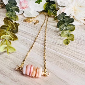 Pink Opal Nugget Necklace, 18K Gold Plated Chain, Wire Wrapped Gemstone Bar Necklace, Dainty Boho Jewelry, Healing Stone Necklace Gift