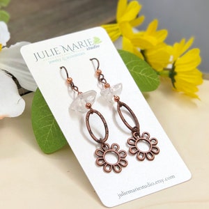 Crystal & Copper Earrings, Lightweight Copper Color Plastic Charms, Clear Crystal Beads, Dangle Flower Earrings, Boho Style, Spring Summer