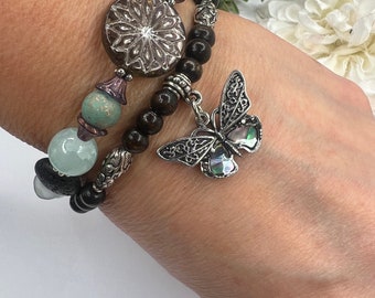 Beautiful Butterfly Bracelet Set, Diffuser Bracelet, Ohm Charm, Toggle Ckasp, Light Blue Sea Glass, Star Charm, Bloom Focal Bead, Gift