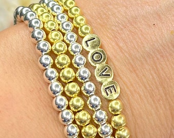 Gold Filled & Sterling Silver Beaded Bracelets, Stacking Stretch Bracelets, Layering Jewelry,Sterling Silver, 5mm Beads, Friendship Bracelet