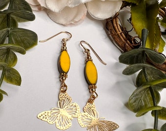 Gold Butterfly Earrings, Lightweight Alloy Pretty Butterflies, Stunning Bright Yellow Czech Beads, Fun Spring Summer Earrings,