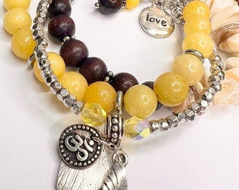 Beautiful Yellow Jade,  Multistrand Bracelet, Natural Shell Beads, Rich Wood Beads, Asymmetrical, Love, Butterfly, Ohm Charms Amazing Gift