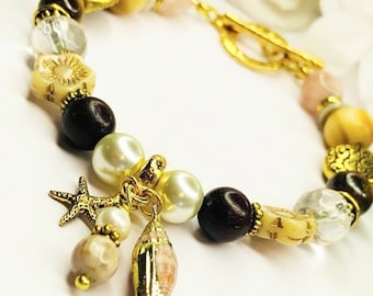 Nautical Charm Bracelet: Shell, Starfish, Gemstones, Freshwater Pearls