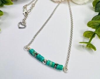 Dainty Turquoise Bar Necklace, Beautiful Layering Necklace, Sterling Silver, Birthstone Jewelry, Stunning Afghani 3mm Turquoise Beads, Gift