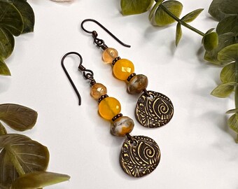 Vintage Style Brass Earrings, Beautiful Swirl Design Pendant, Stunning Czech Glass Beads, Beaded Drop Earrings, Yellow Dangle Earrings, Gift