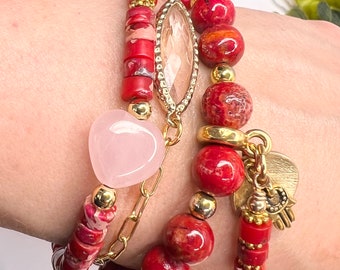 Natural Red Jasper Bracelet Set, Jasper Stone Multistrand Set, Healing Gemstone, Hamsa Charm, Rose Quartz Heart, Cable Chain Bracelet