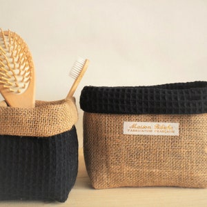 Burlap storage panniers, navy blue honeycomb fabric.  2 pieces. Bathroom storage. Storage changing table.