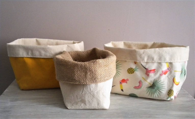 Panier de Rangement Moutarde, Toile Jute, et Imprimé Miami. 3 Pièces.