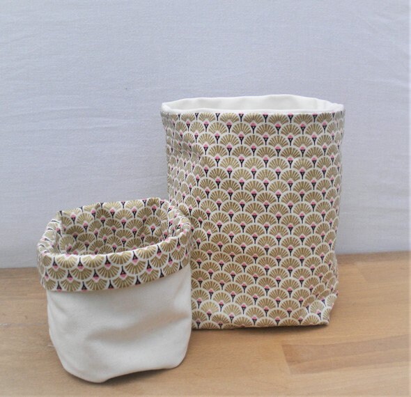 Panier de Rangement Écru et Or, Toile Huilée. 2 Pièces.