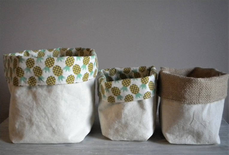 Paniers de Rangement Ananas, Toile Jute, et Écru. 3 Pièces