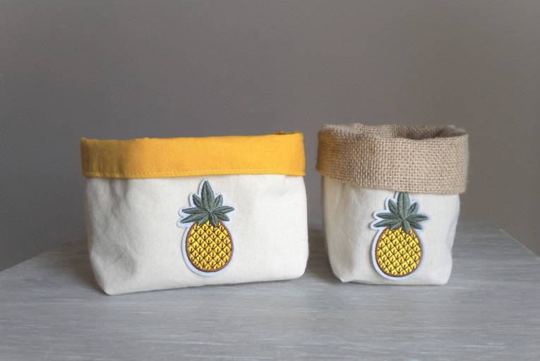 Panières de Rangement Moutarde, Toile Jute, et Motifs Ananas. 2 Pièces.