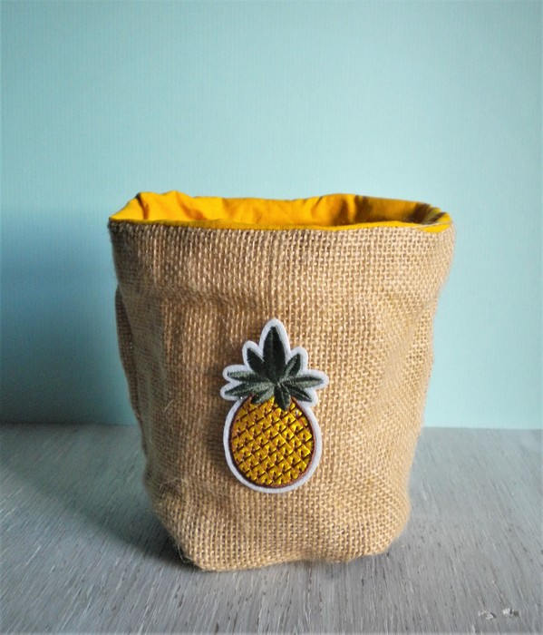 Panier de Rangement Toile Jute, Coton Moutarde, Patch Ananas.