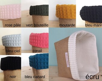 Burlap storage basket, ecru, pink or blue honeycomb fabric. 1 piece. Bathroom storage. Changing table storage.