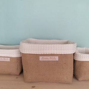 Burlap and honeycomb storage baskets. 3 pieces. Changing table storage. Diaper bag. Fabric baby basket, jute basket.
