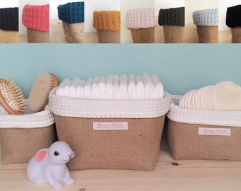 Burlap and honeycomb storage baskets. 3 pieces. changing table storage. diaper bag. baby fabric basket, jute basket.