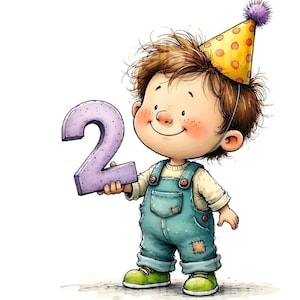 14 PNG Images Cute 2nd Birthday Boy Clipart Two Year Old Party Celebration Kids Watercolor  Toddler Art Digital Download Invitation Cards