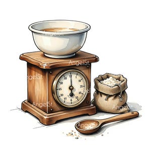 Puede incluir: Una ilustración de una báscula de cocina de estilo vintage con un cuenco blanco que contiene líquido, un saco de yute lleno de granos y una cuchara de madera. La báscula tiene una esfera de reloj. El texto "AngelSt." es visible.