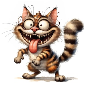 May include: A cartoon illustration of a grinning cat with large, wide eyes and a long, pink tongue. The cat has brown and orange striped fur, a pink nose, and sharp teeth. The cat is standing on its hind legs with its front paws raised.