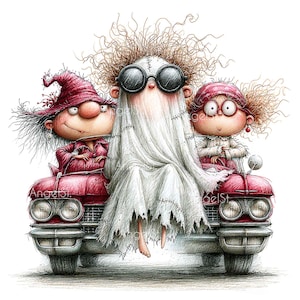 May include: A whimsical illustration of three characters sitting on a red vintage car. On the left, a character in a maroon hat. In the center, a ghost-like figure wearing black goggles and a white sheet. On the right, a character with round glasses.