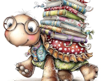 Cute Turtle with Books Clipart, Reading Tortoise Library Education Digital Art Commercial Use Sublimation 12 Images, Greeting Card Journal