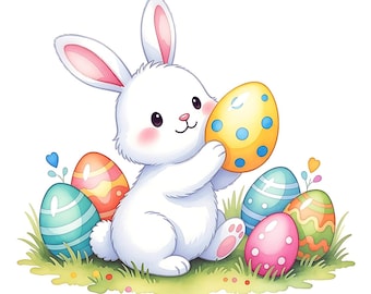 12 Cute Easter Bunny Printable Watercolor Clipart JPG Children's Cards Invitations Floral Egg Illustrations Designers Art Easter Journal