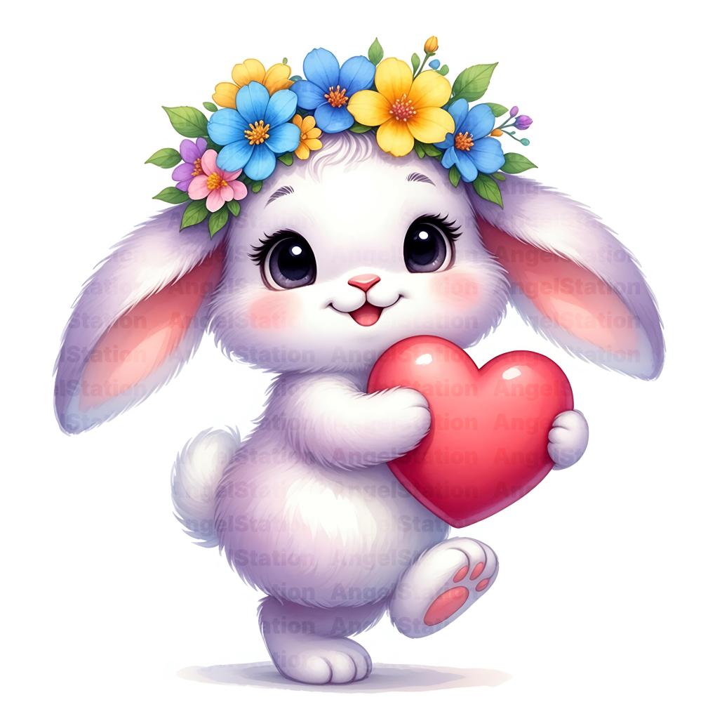 12 Cute Bunny Colorful Heart Nursery Prints White Bunny Baby Shower ...