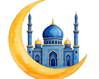 12 PNG Islamic Mosque Watercolor Clipart Ramadan Mubarak Crescent Moon Muslim Decor Digital Download Sublimation Illustration Greeting Card