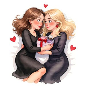 May include: Watercolor illustration of two women in black dresses embracing, holding a gift box with perfume bottles. Red heart accents and earrings add a touch of romance. The image has a soft, artistic style.