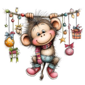 May include: A cartoon illustration of a brown monkey with a striped scarf, blue pants, and red sneakers hanging from a branch decorated with colorful Christmas ornaments, small gift boxes, and a yellow star, all rendered in a whimsical sketch style.