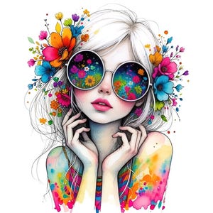 Puede incluir: Ilustración digital de una mujer con cabello blanco y gafas de sol redondas plateadas. Las gafas de sol reflejan una colorida escena floral. La mujer está adornada con flores vibrantes y tiene una parte superior colorida.