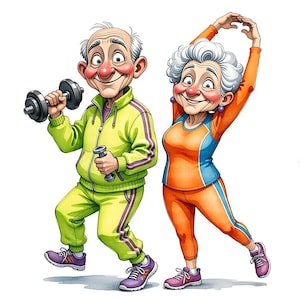 May include: A cartoon illustration of an elderly couple exercising. One lifts a dumbbell, the other stretches. They wear matching tracksuits in green and orange with purple accents and trainers. The image has a watercolour style.