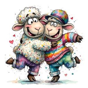 May include: Watercolor illustration of two smiling sheep embracing. One sheep wears a colorful sweater and hat, the other a patterned coat and pants. Hearts and watercolor splashes add to the cheerful design.