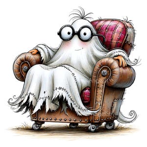Puede incluir: Un personaje fantasma blanco con gafas redondas negras sentado en un sillón de cuero marrón con un cojín a cuadros. El fantasma está cubierto por una sábana blanca con costuras visibles y bordes deshilachados sobre los brazos.