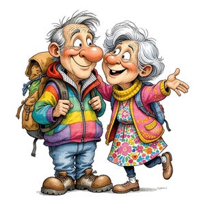 Puede incluir: Ilustración de dibujos animados de una pareja de ancianos, sonriendo y listos para una caminata. El hombre lleva una chaqueta de arcoíris y una mochila, mientras que la mujer tiene un vestido floral y una chaqueta rosa. Ambos llevan botas de senderismo.