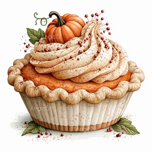 Puede incluir: Un cupcake de tarta de calabaza con corteza ondulada, relleno naranja y un gran remolino de crema cubierto con una pequeña calabaza naranja, hojas verdes y bayas rojas. El postre tiene motas marrones y el texto AngelSt impreso.