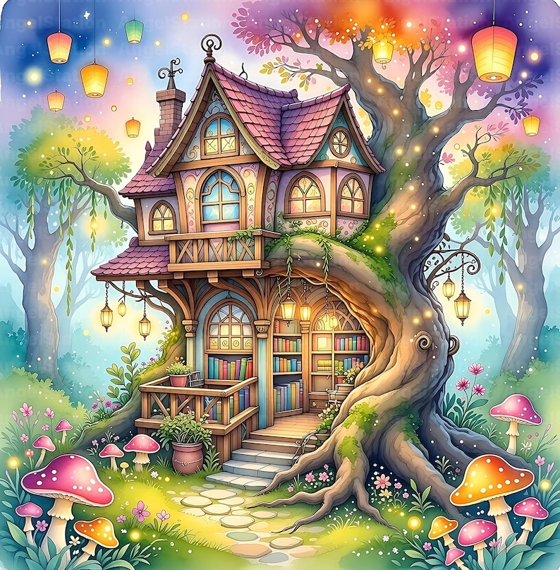 12 Fantasy Fairy House Whimsical Cottage Watercolor Art Magical ...