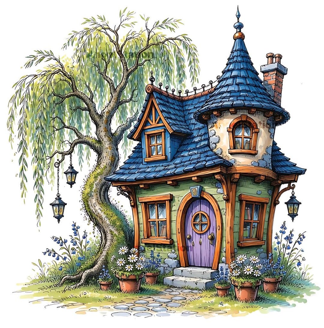 Whimsical Watercolor Cottage Clipart: Enchanted Forest Fairytale House ...