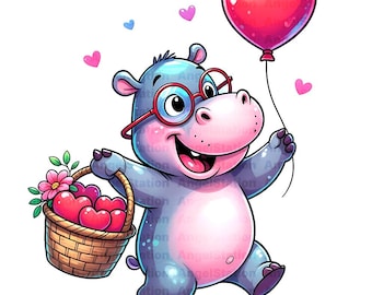 14 Hippo Valentine Clipart: Funny Watercolor PNG JPG (Digital Download)