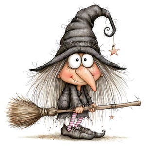 Op de afbeelding: Een cartoonillustratie van een heks met warrig grijs haar, een hoge, puntige zwarte hoed met een bungelende ster, een gehavende zwarte jurk en roze-witte gestreepte kousen, die een houten bezemsteel met strooien haren vasthoudt.