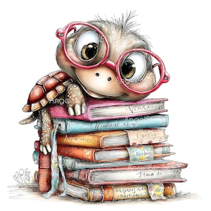 Op de afbeelding: Een cartoon-schildpad met grote bruine ogen en een felroze bril, die met de kin op een stapel van zeven kleurrijke boeken rust. De boeken hebben pastelkleurige covers, handgeschreven tekst en decoratieve bladwijzers in de illustratie.