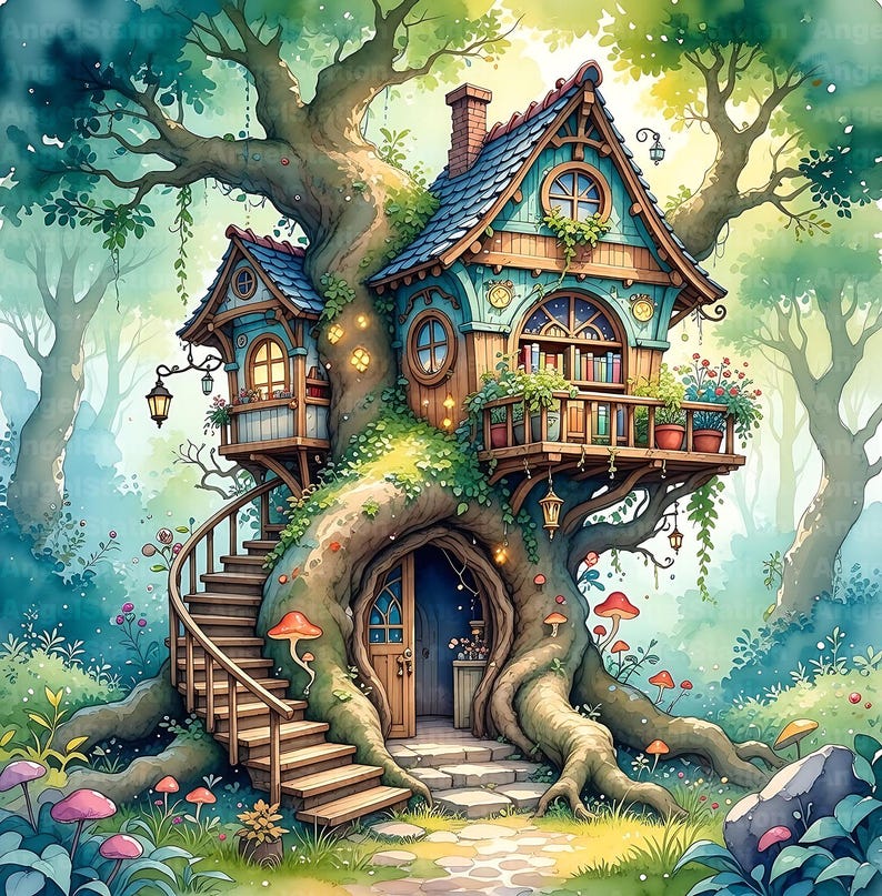 12 Fantasy Fairy House Whimsical Cottage Watercolor Art Magical ...