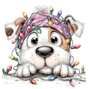 May include: A digital illustration of a puppy with large brown eyes, wearing a pink polka-dot headscarf, tangled in a string of colorful Christmas lights. The puppy has white and brown fur, a black nose, and its paws rest on a flat surface.
