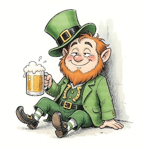 Könnte beinhalten: Eine Illustration eines Leprechauns in grünem Anzug und Hut, der ein Bierkrug hält. Der Leprechaun hat einen roten Bart und lächelt. Das Bild ist eine humorvolle Darstellung des St. Patrick's Day.