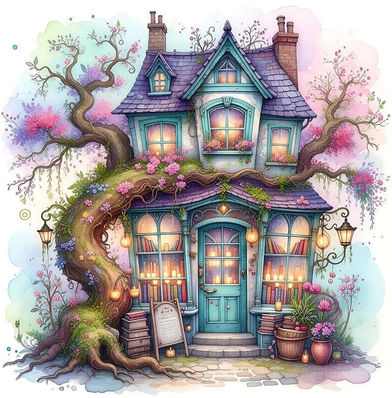 12 Fantasy Fairy House Whimsical Cottage Watercolor Art Magical ...