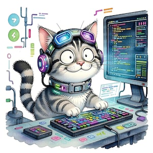 Könnte beinhalten: Cartoon-Illustration einer grau getigerten Katze mit futuristischen Tech-Accessoires wie Brille und Kopfhörern, die an einem Computer sitzt. Die Katze lächelt und tippt auf einer bunten Tastatur, wobei der Bildschirm Code anzeigt. Das Thema ist Technologie und Programmierung.
