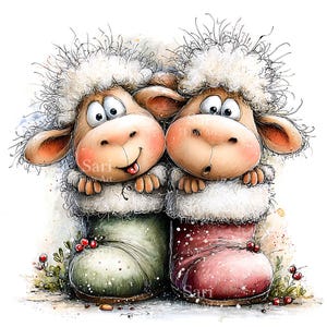 Peut inclure: Une illustration numérique de deux moutons duveteux aux yeux écarquillés et à la laine blanche ébouriffée, chacun sortant d'une grande botte. Un mouton est dans une botte vert sauge, l'autre dans une botte rose poudré, ornées de baies rouges.