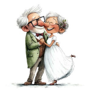 Puede incluir: Una ilustración de dibujos animados de una pareja de ancianos bailando. La persona de la izquierda lleva un blazer verde, un chaleco marrón, una pajarita roja y pantalones a rayas. La persona de la derecha lleva un vestido blanco con flores.