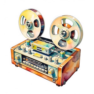 May include: A watercolour illustration of a vintage reel-to-reel tape recorder. The device has two large reels, a control panel with knobs and a meter, and a wooden-look casing. The colour palette includes orange, yellow, and blue.