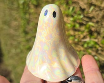 Spooky Ghost Sculpture Ceramic White Iridescent Ghost